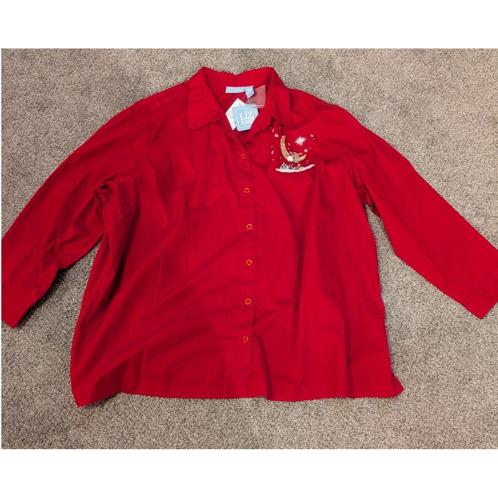 Liz & Me Womens 4X Red Christmas Button Down Shirt Embroidered Reindeer Holiday